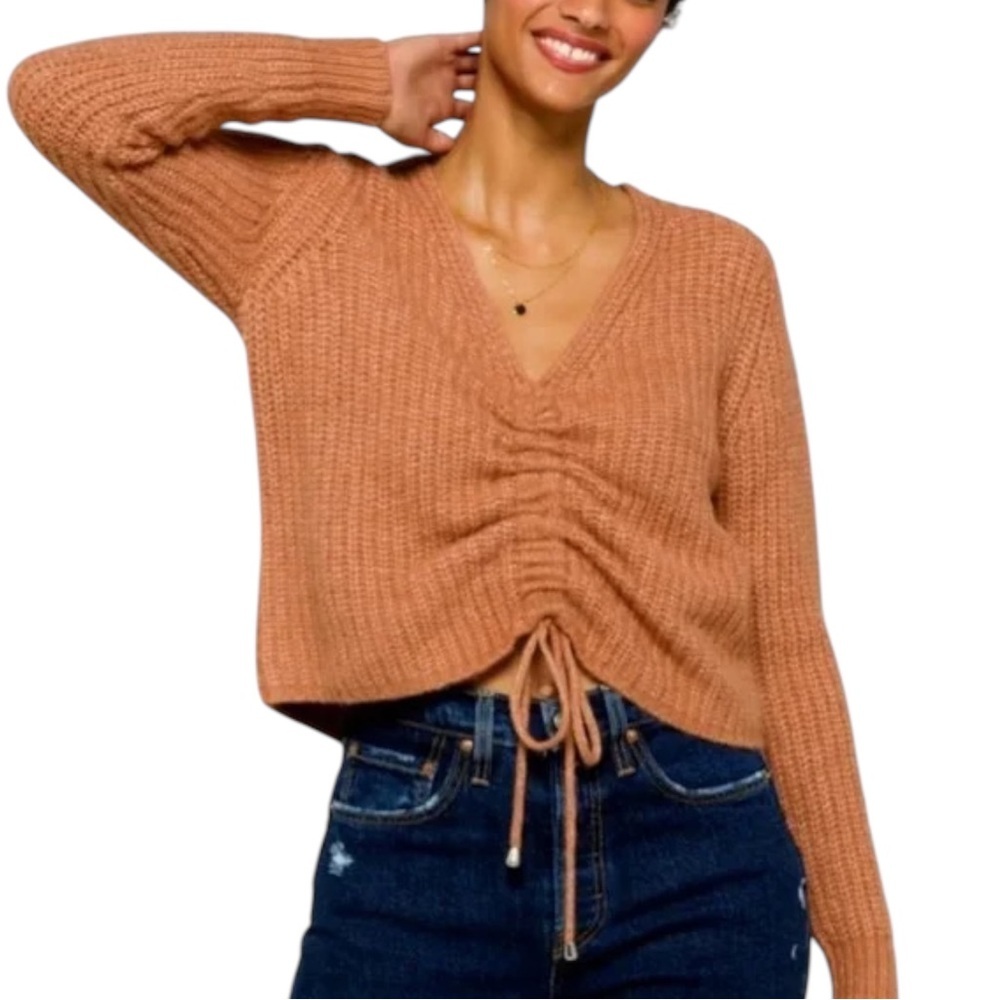 Ruched Drawstring V-Neck Cropped Sweater Earth Tone Medium